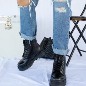 Black Faux Leather Combat Boots Platform